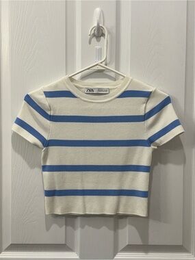 ZARA Cream & Blue Striped Short Sleeve Top